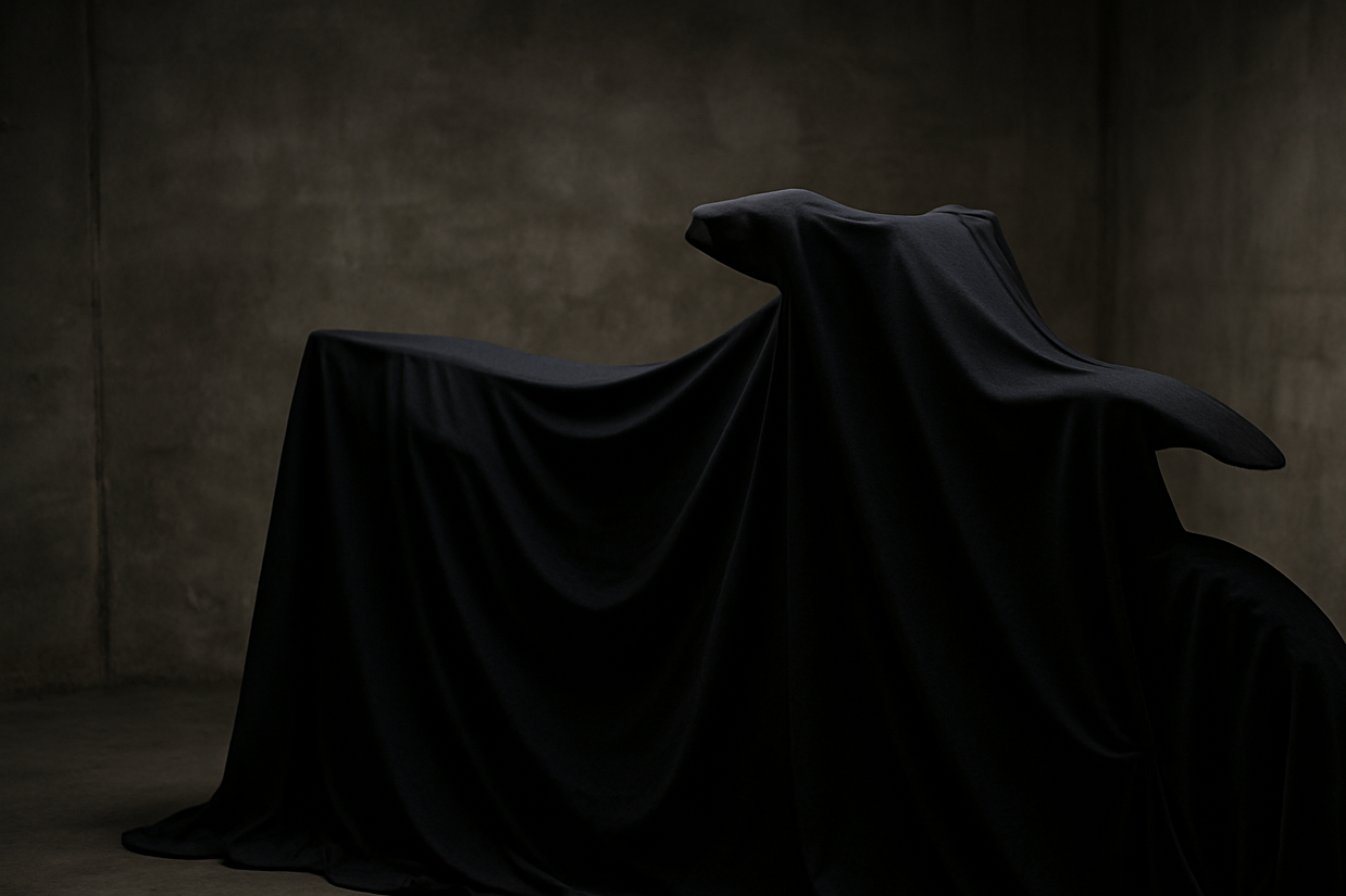 a dirtbike in a room covered in a black sheet so it is a mystery as to what kind of bike is underneath the cover